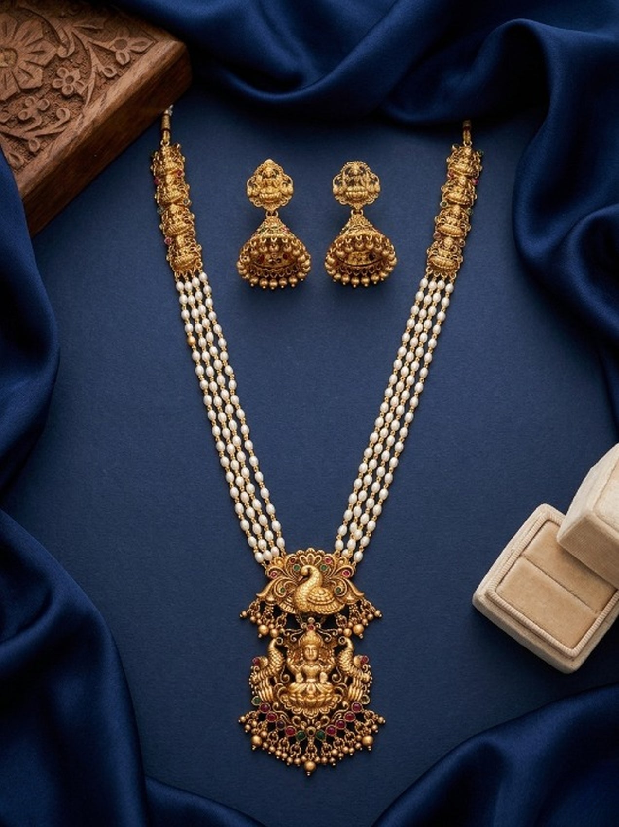 Jewel City Gold Plated South Indian Temple Jewelry Set - Long Pearl Haram Necklace with Jhumka Earrings for Wedding