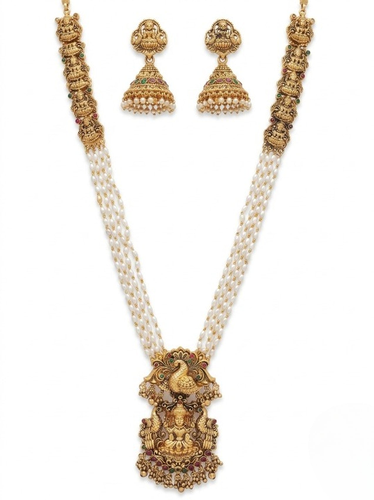 Jewel City Gold Plated South Indian Temple Jewelry Set - Long Pearl Haram Necklace with Jhumka Earrings for Wedding