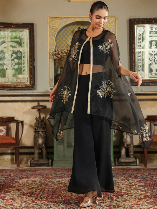Janasya Black Georgette Solid Top Bottom Cape 