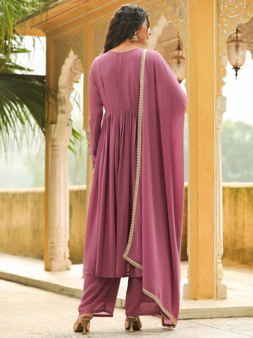 Janasya Lavender Georgette Yoke Embroidery Kurta,Bottom & Dupatta 