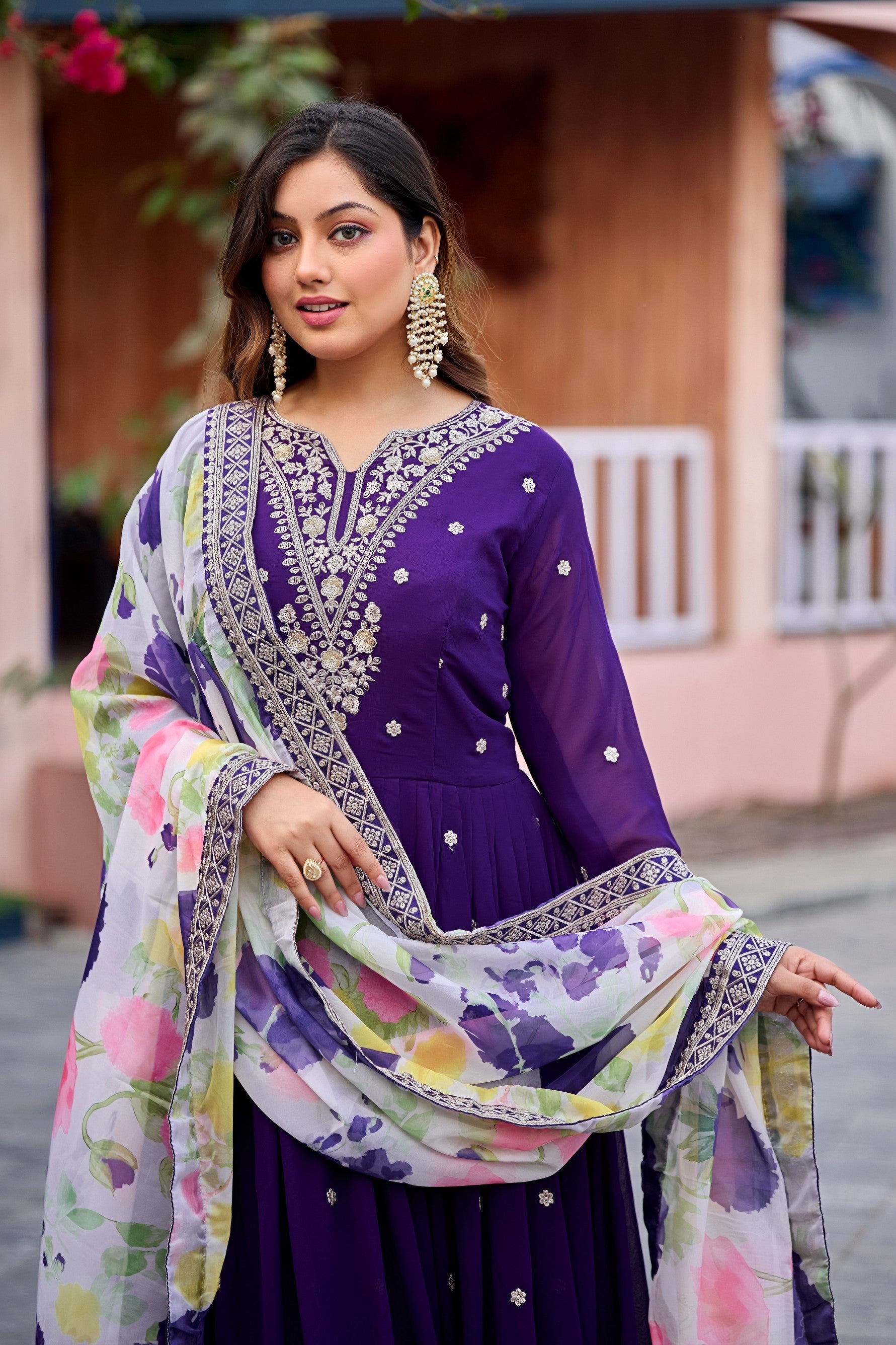 Anaita Purple Embroidered Georgette Stitched Anarkali Suit With Dupatta