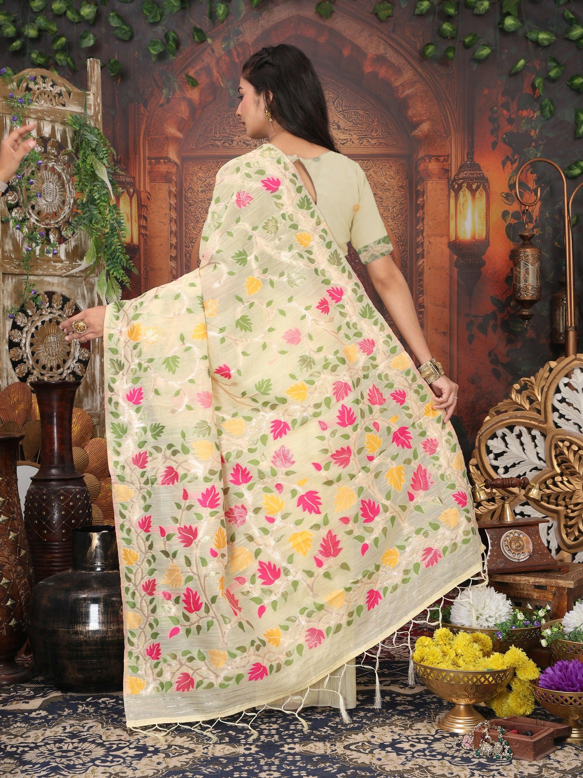 Shree Shyam Fashion Linen Cotton Cream Saree