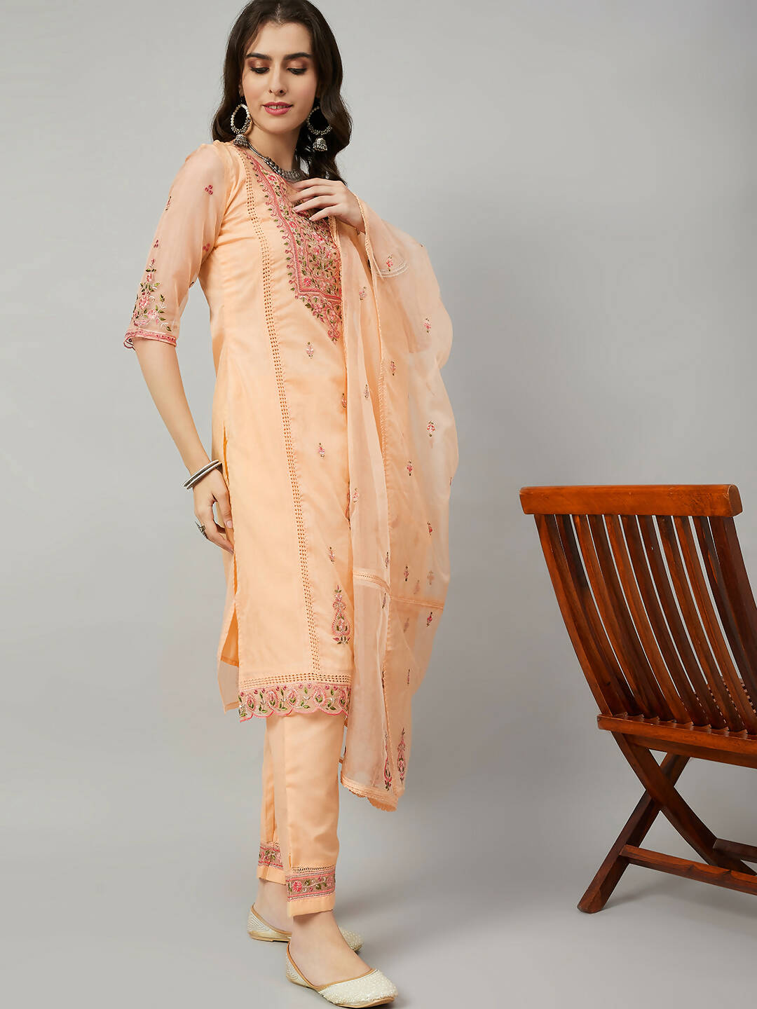 Orange Organza Embroidered Kurta with Bottom & Dupatta - Salimar