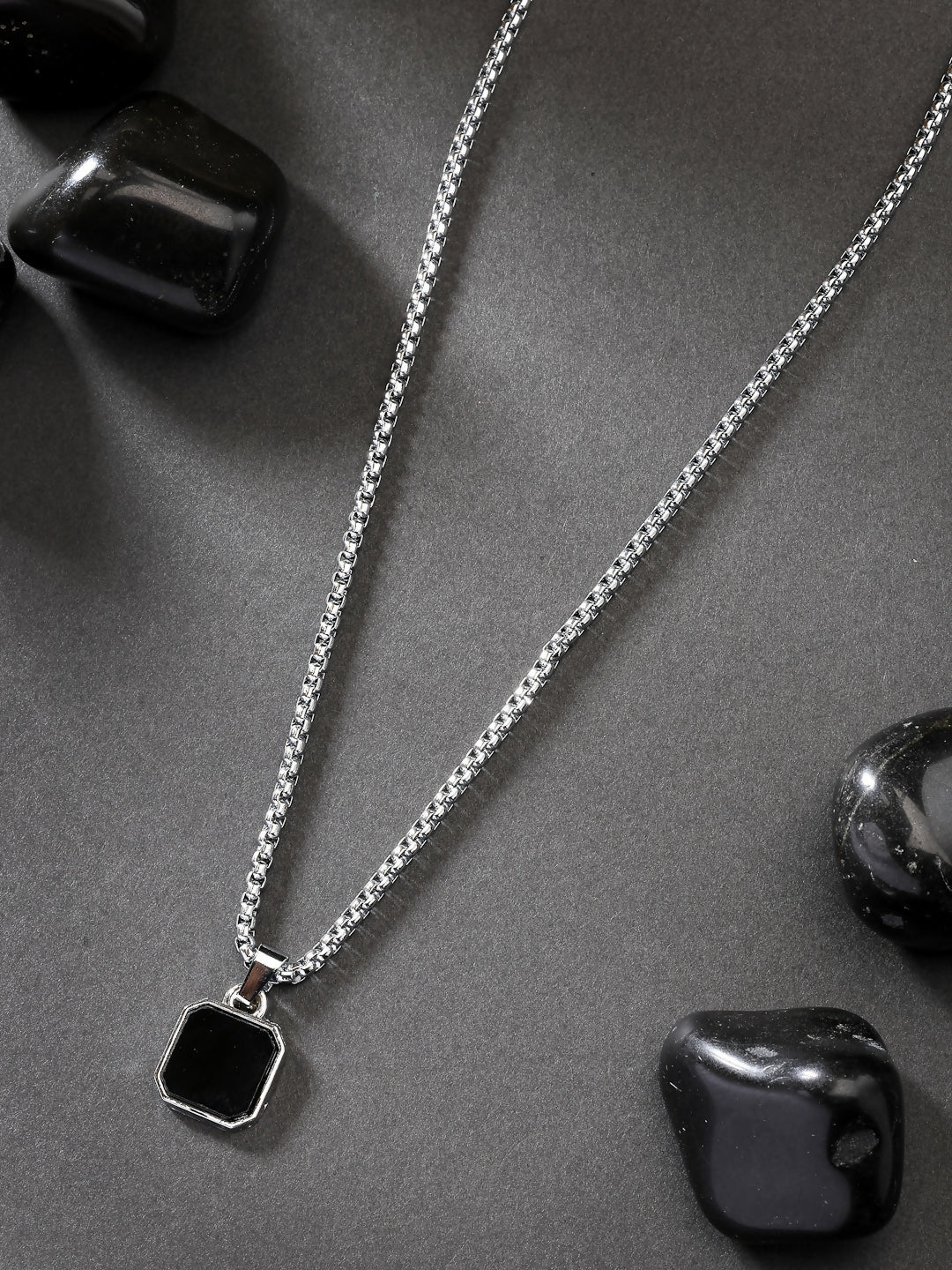 NVR Men's Silver-Plated Artificial Stone Stainless Steel Pendant with Chain 