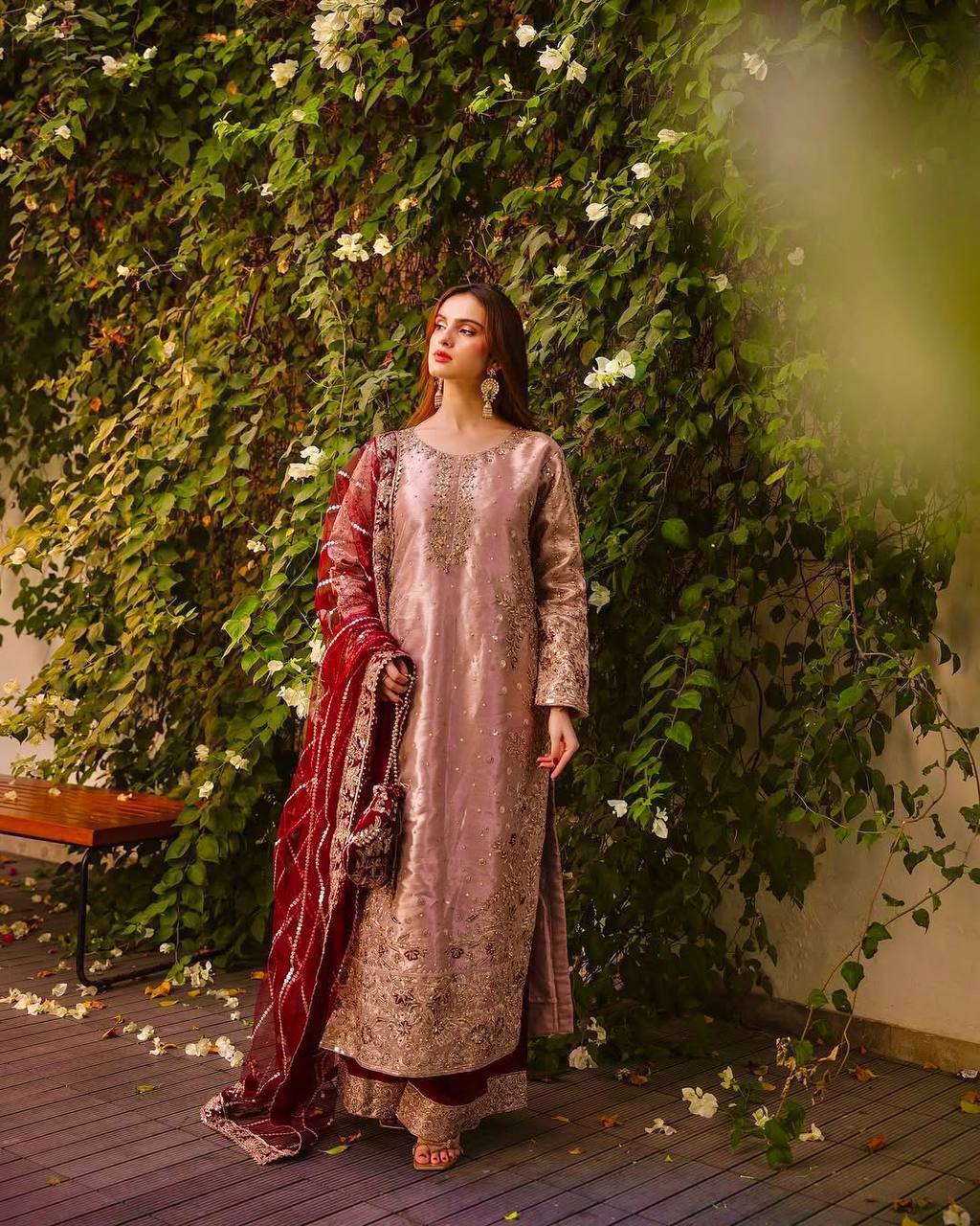 Prazu Fashion Peach Frendy Silk Embroidered Riveted Moti Work Palazzo Suit