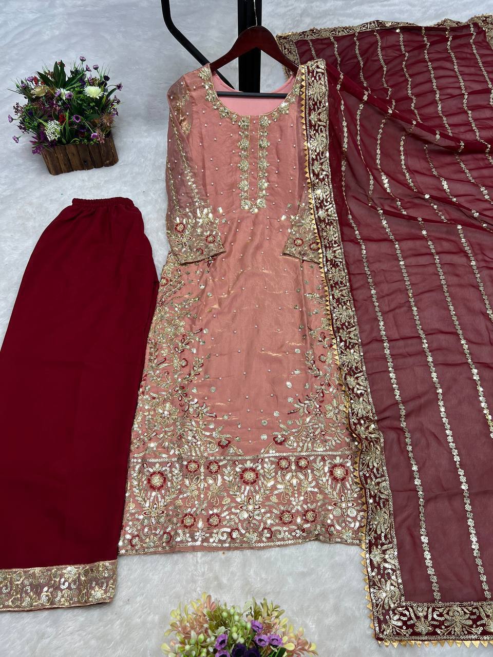 Prazu Fashion Peach Frendy Silk Embroidered Riveted Moti Work Palazzo Suit