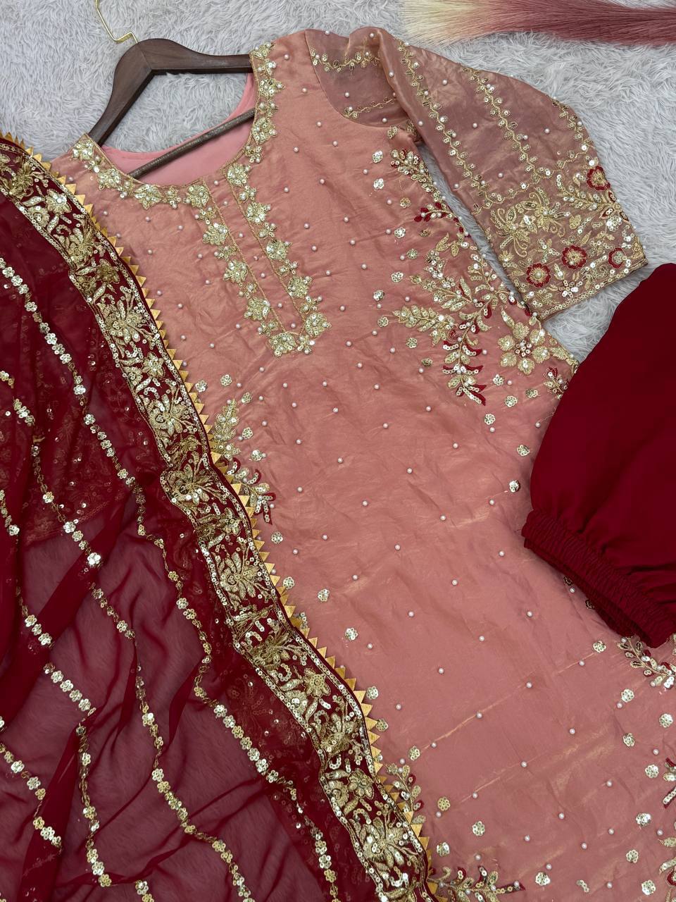 Prazu Fashion Peach Frendy Silk Embroidered Riveted Moti Work Palazzo Suit