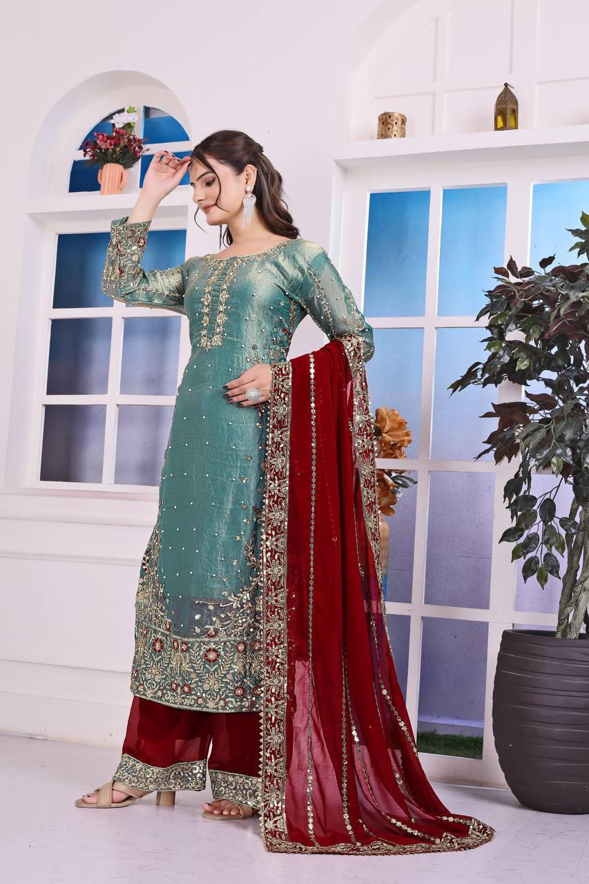 Prazu Fashion Sky Blue Frendy Silk Embroidered Riveted Moti Work Palazzo Suit
