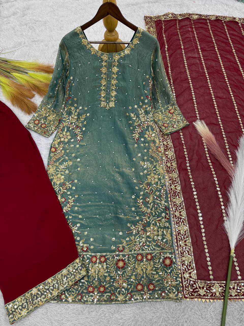 Prazu Fashion Sky Blue Frendy Silk Embroidered Riveted Moti Work Palazzo Suit