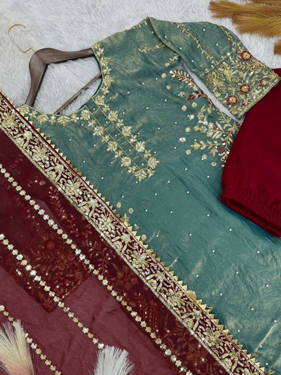 Prazu Fashion Sky Blue Frendy Silk Embroidered Riveted Moti Work Palazzo Suit