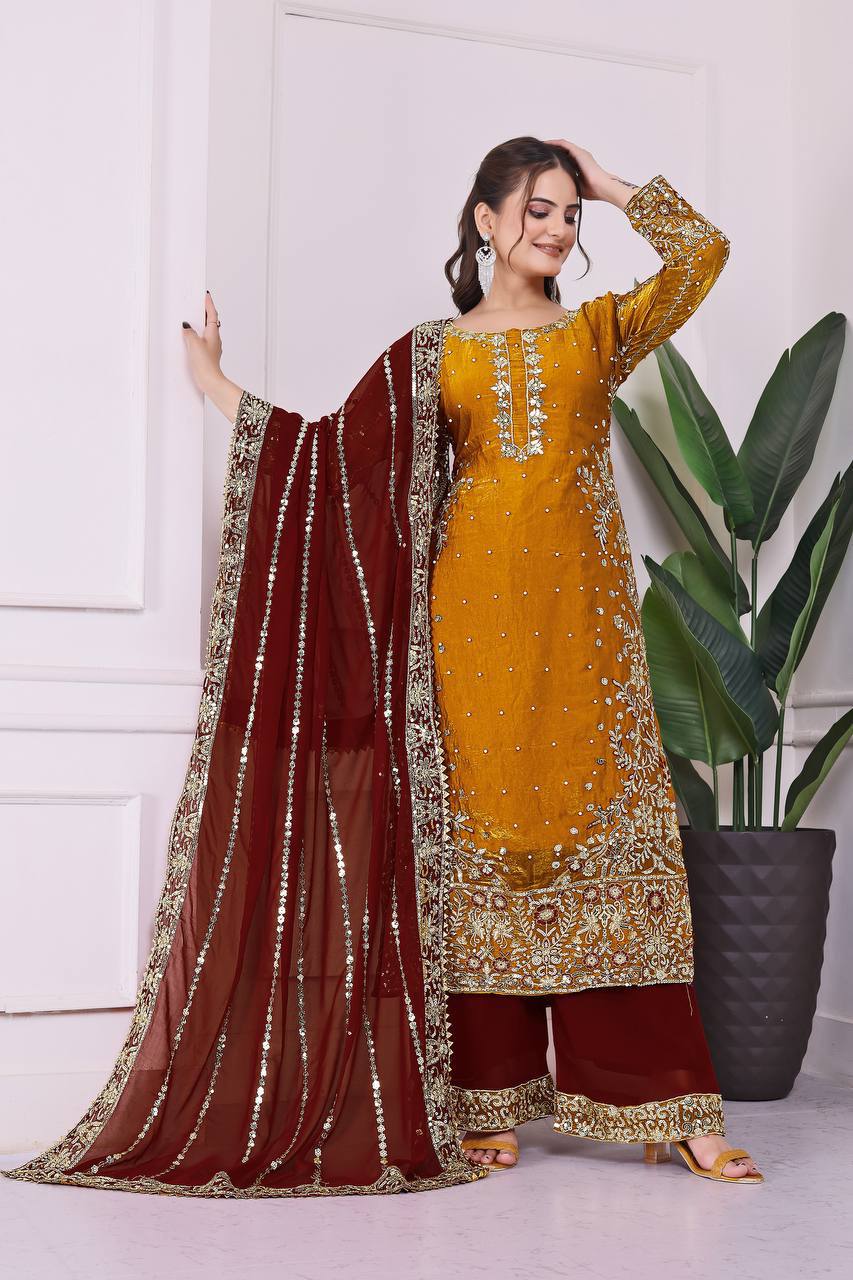 Prazu Fashion Yellow Frendy Silk Embroidered Riveted Moti Work Palazzo Suit
