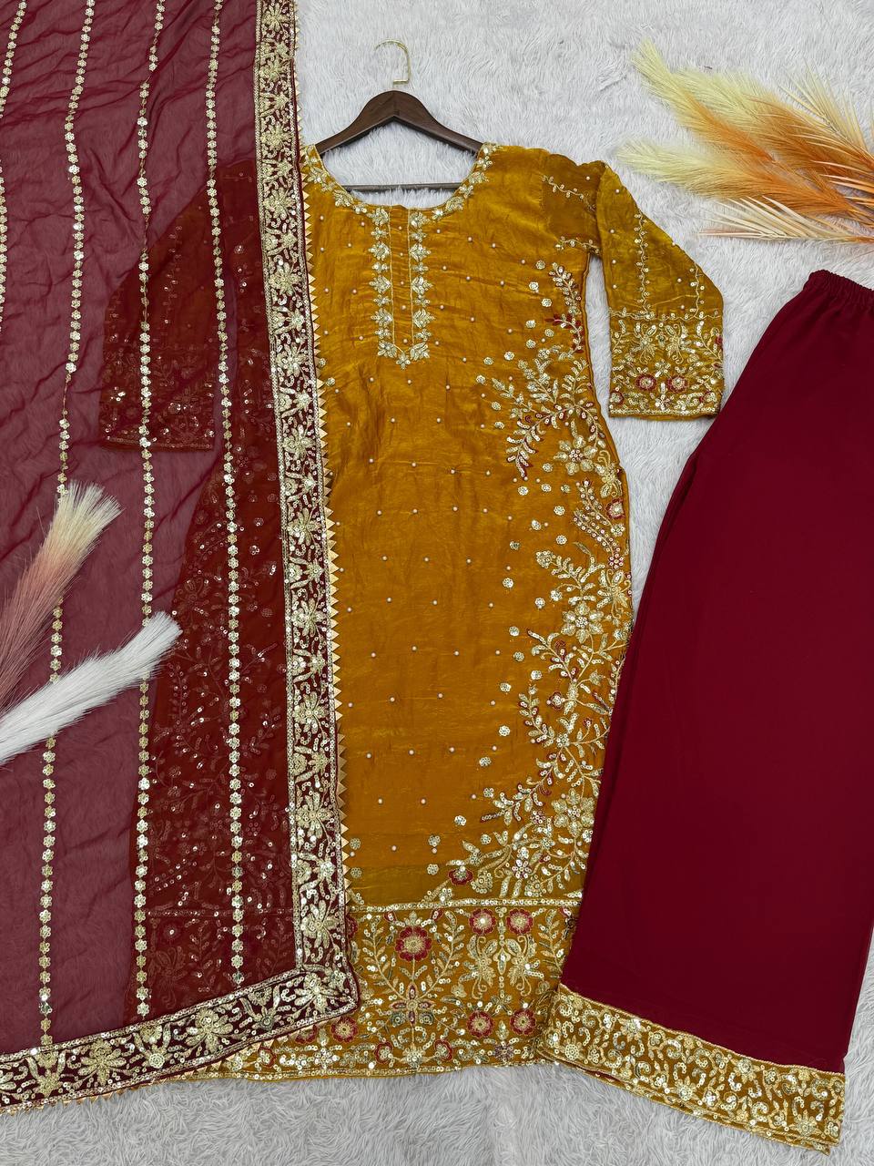 Prazu Fashion Yellow Frendy Silk Embroidered Riveted Moti Work Palazzo Suit