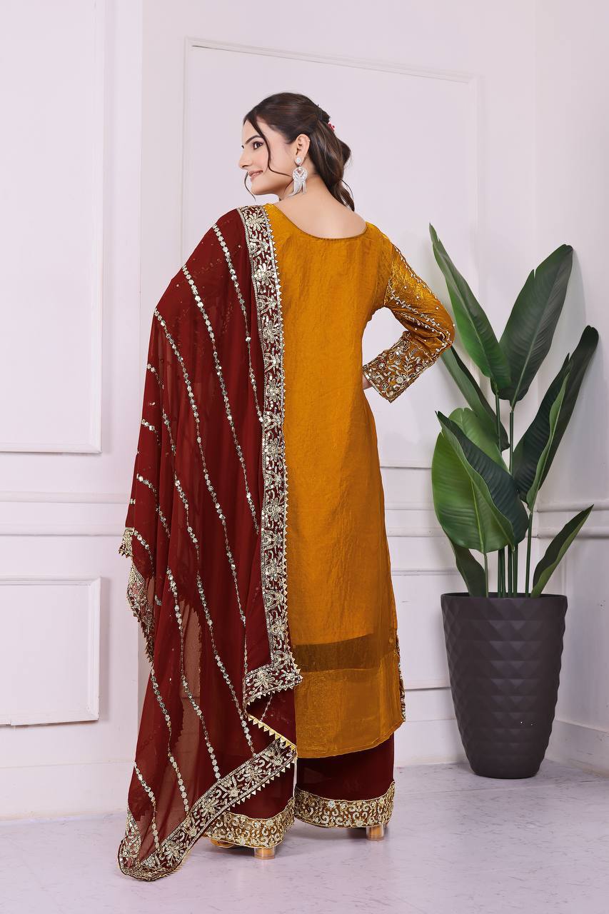 Prazu Fashion Yellow Frendy Silk Embroidered Riveted Moti Work Palazzo Suit