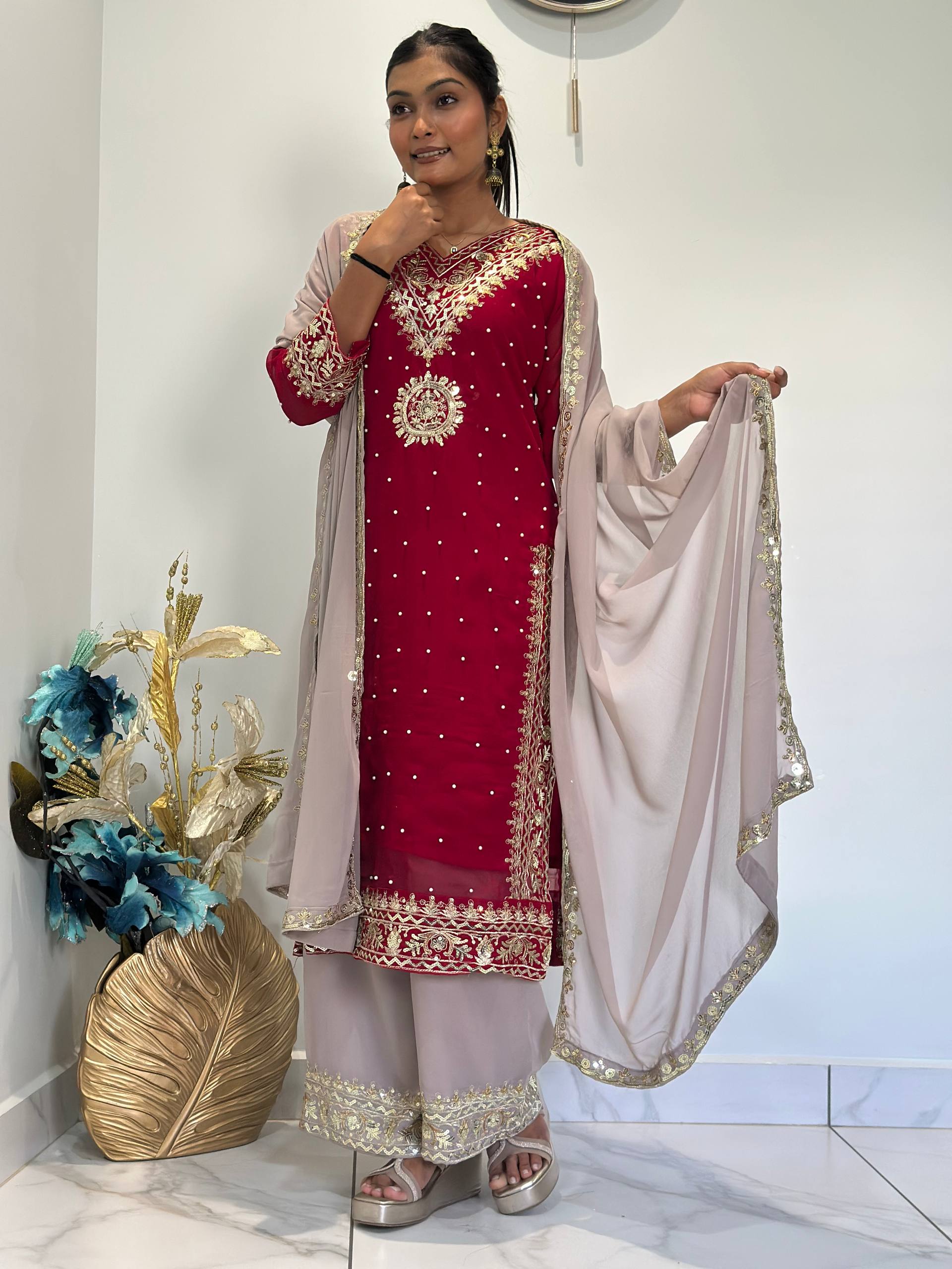 Prazu Fashion Maroon Georgette Embroidered Sequence Palazzo Suit