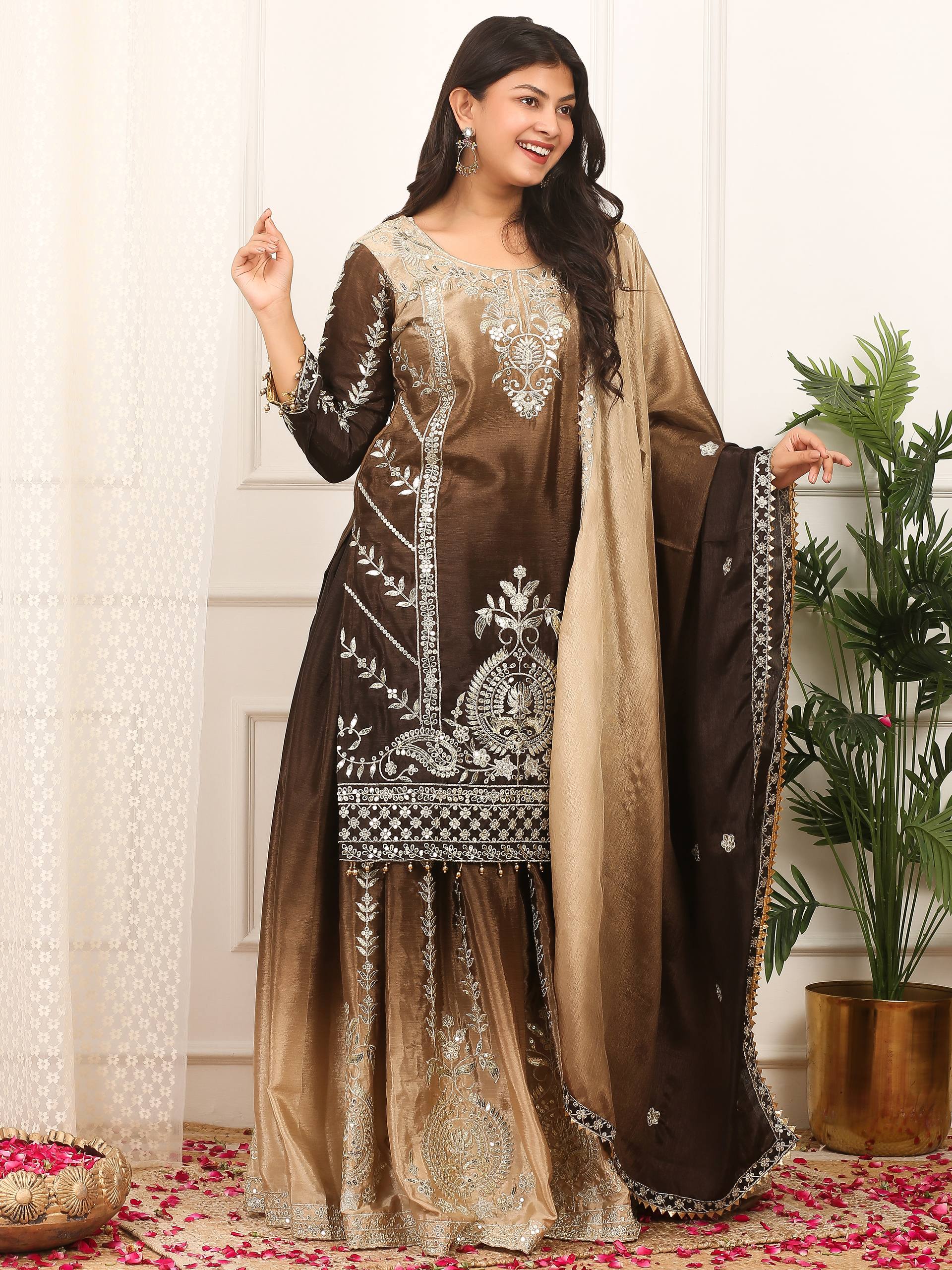 Prazu Fashion Coffee Shaded Chinon Silk Embroidered Sequence Palazzo Suit