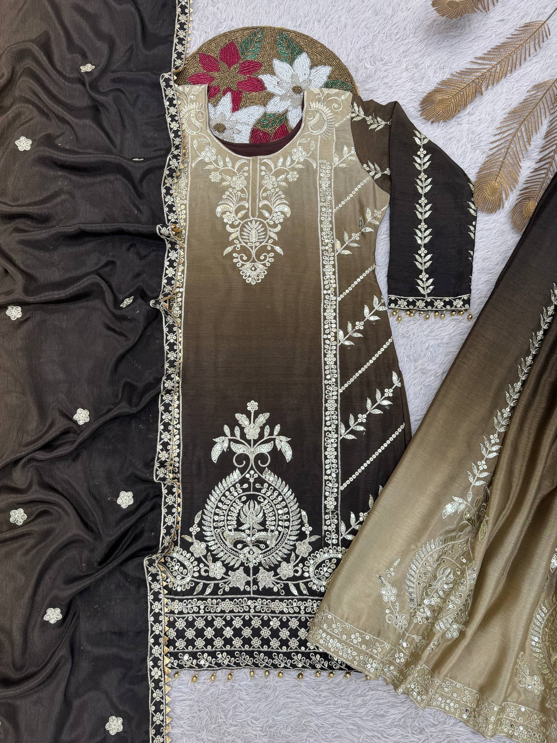 Prazu Fashion Coffee Shaded Chinon Silk Embroidered Sequence Palazzo Suit