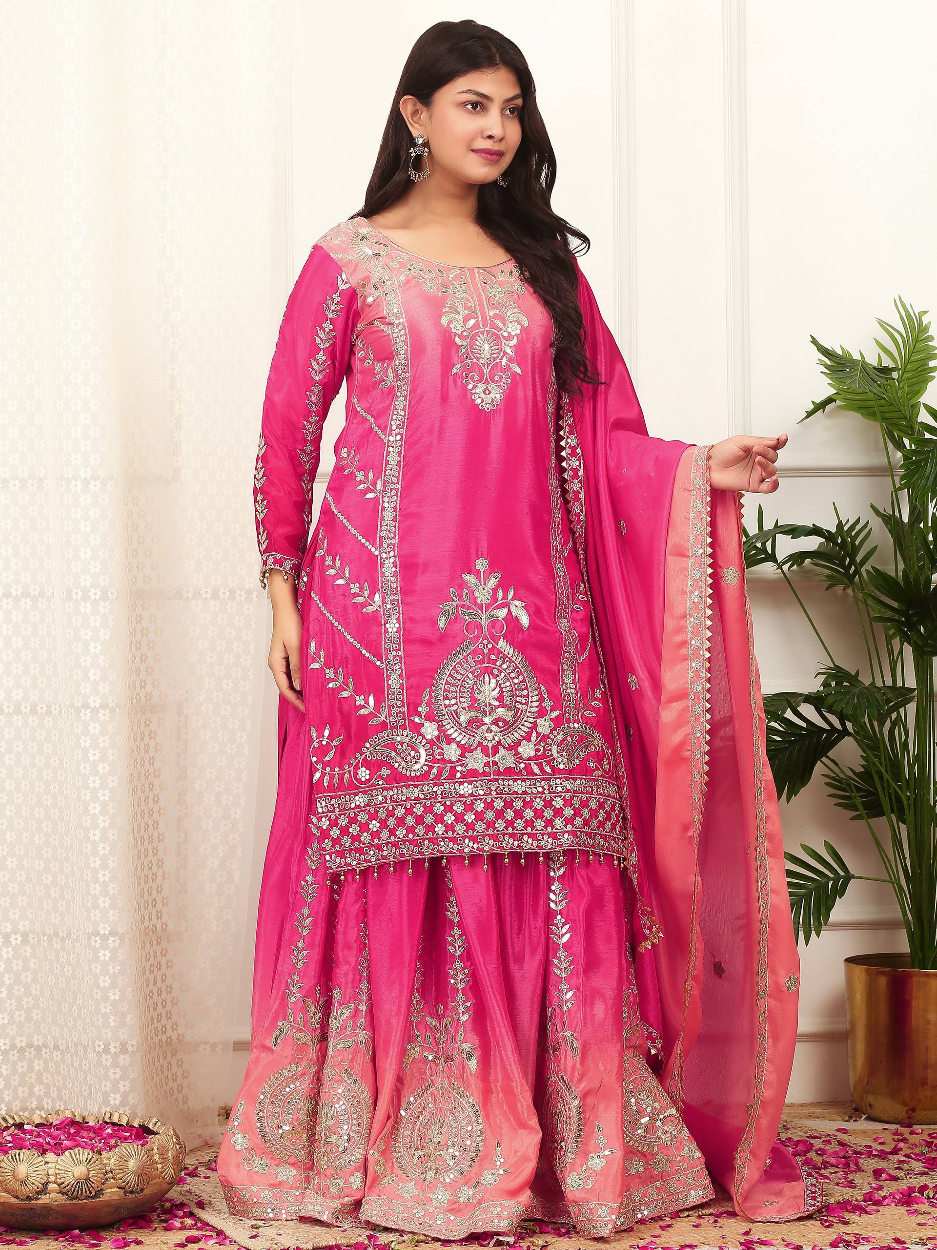 Prazu Fashion Pink Shaded Chinon Silk Embroidered Sequence Palazzo Suit