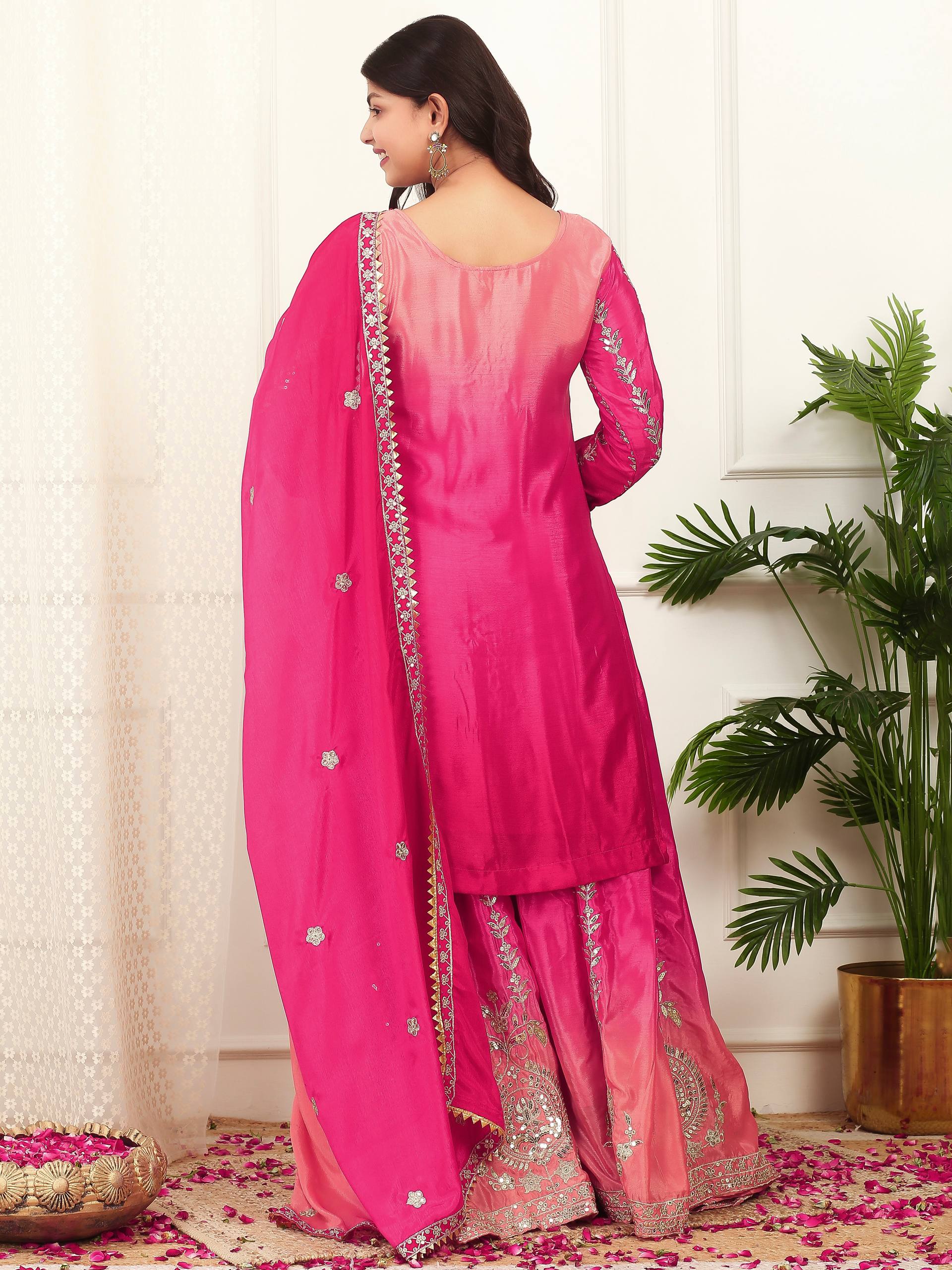 Prazu Fashion Pink Shaded Chinon Silk Embroidered Sequence Palazzo Suit