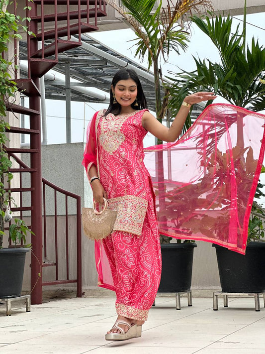 Prazu Fashion Pink Chinon Silk Embroidered Dhoti Style Suit