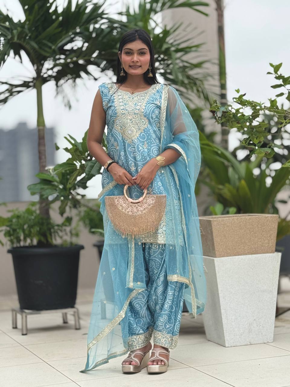 Prazu Fashion Sky Blue Chinon Silk Embroidered Dhoti Style Suit