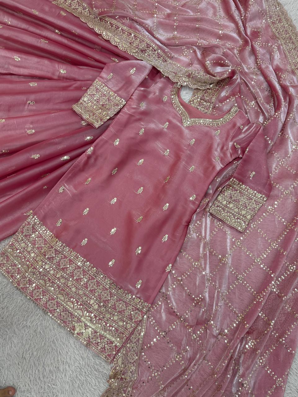 Prazu Fashion Peach Jimmi Silk Embroidered Sequence Work Palazzo Suit