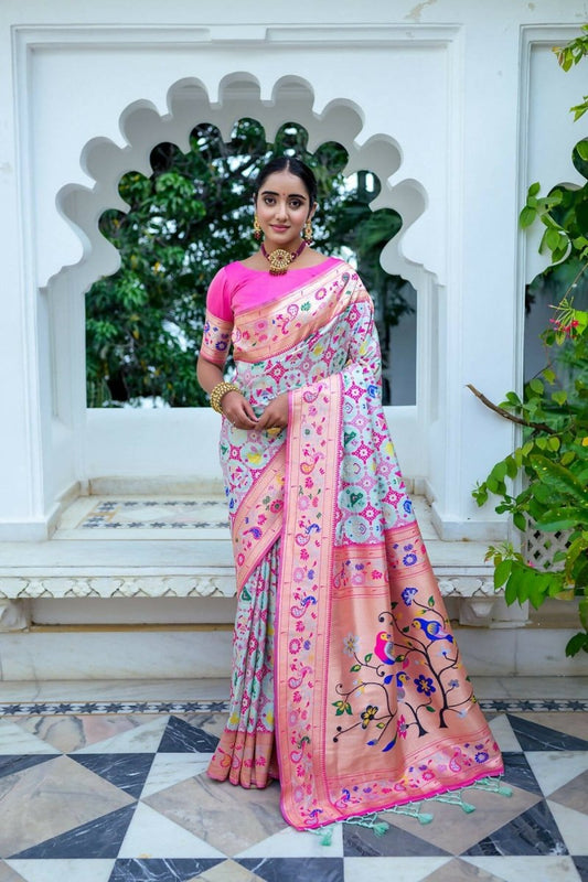 Aastha Fashion Aqua Blue Woven Paithani Silk Saree with Blouse - Grab2buy