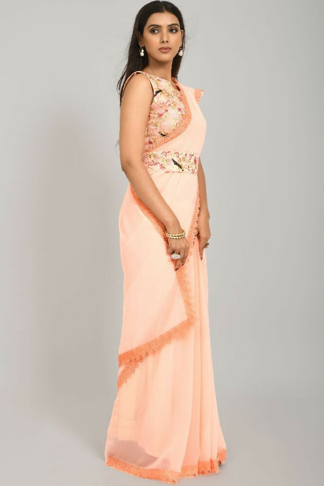 PR Fashion Peach Georgette Gpo Lace Saree