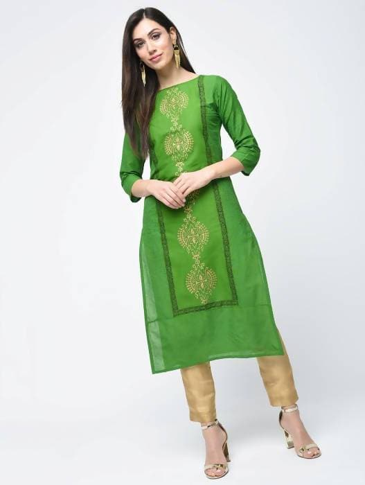 Aniyah Cotton Block Printed Green Color Straight Kurta (AN-129K) | Grab2Buy