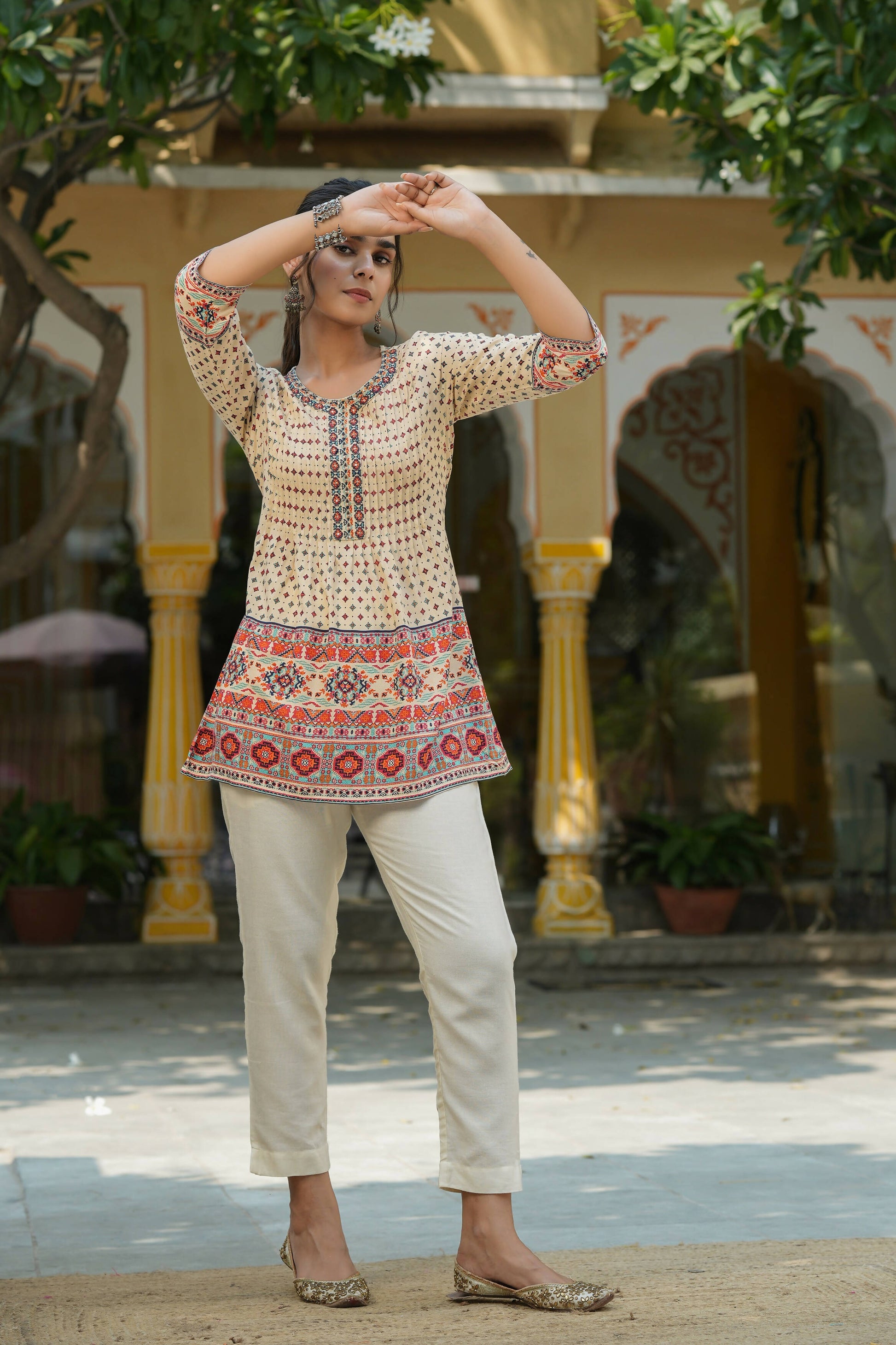 Juniper Women's Beige Rayon Printed Embroidered Tunic