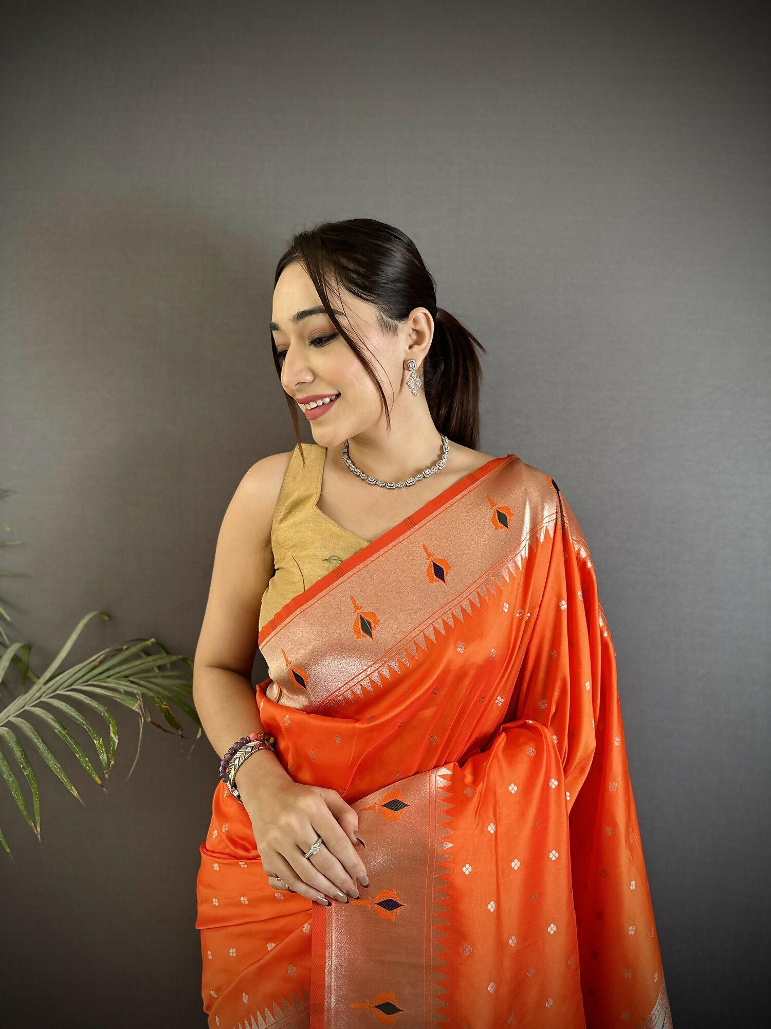 Joban Fashion Orange Peacock & Floral Motifs Soft Lichi Silk Kanchipuram Saree