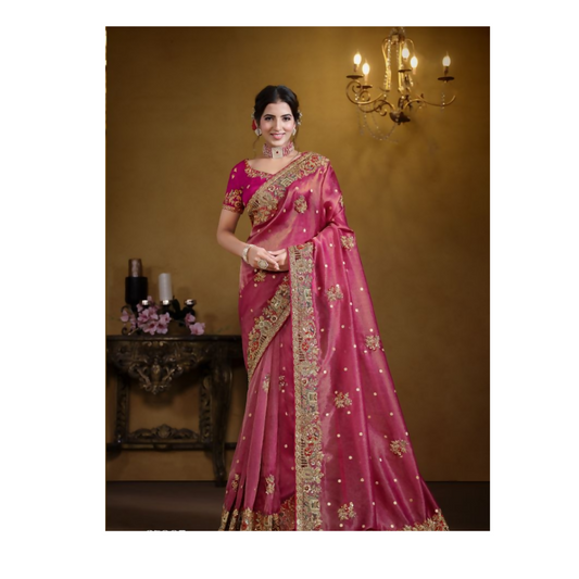 Rani Zari Organza Silk Pure Khatli work Designer Saree With Blouse. - Rajasvi