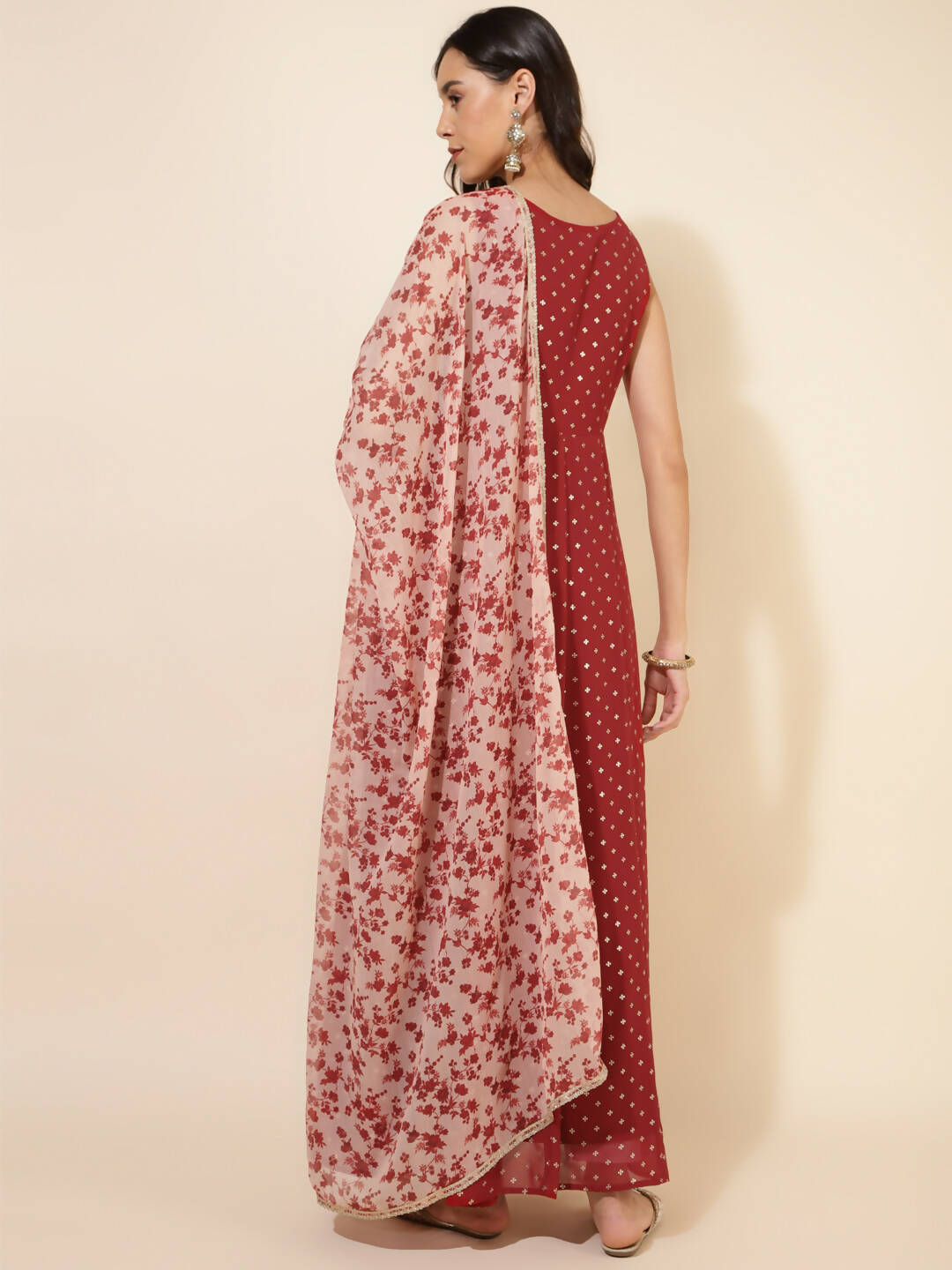 Janasya Women's Red Georgette Foil Printed Festive Anarkali Kurta Set 