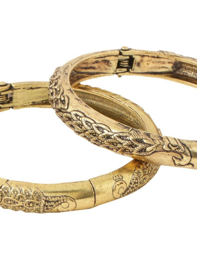 NVR Women Set of 2 Gold-Polished Leaf Design Oxidised Bangles 