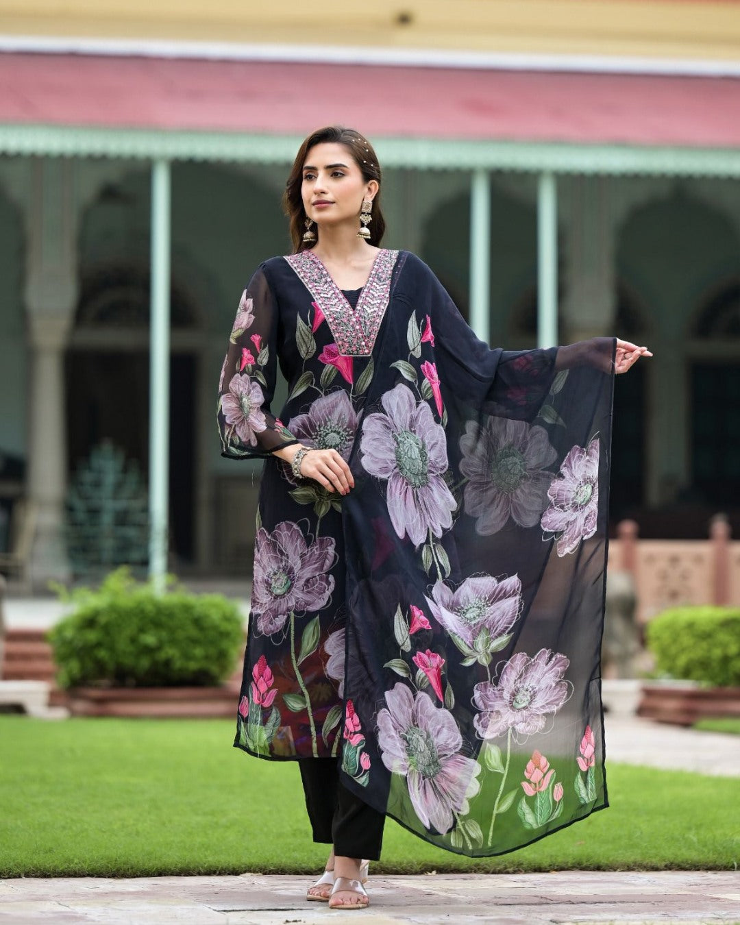 Lorenvalley Black Georgette Printed with Embroidery Work Kurta Set