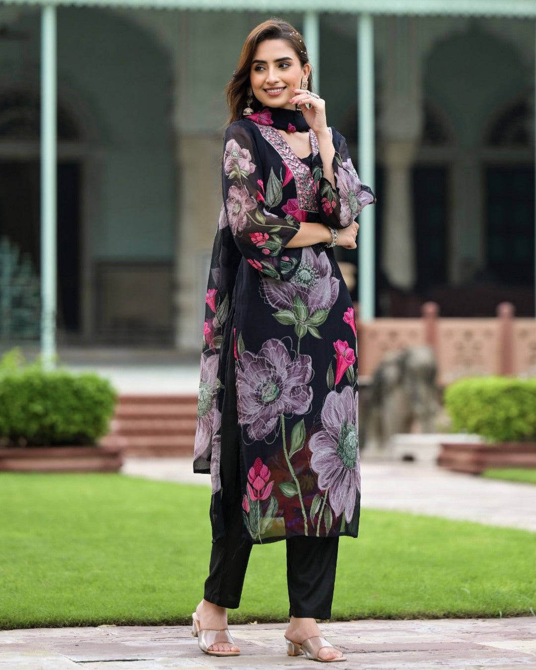 Lorenvalley Black Georgette Printed with Embroidery Work Kurta Set