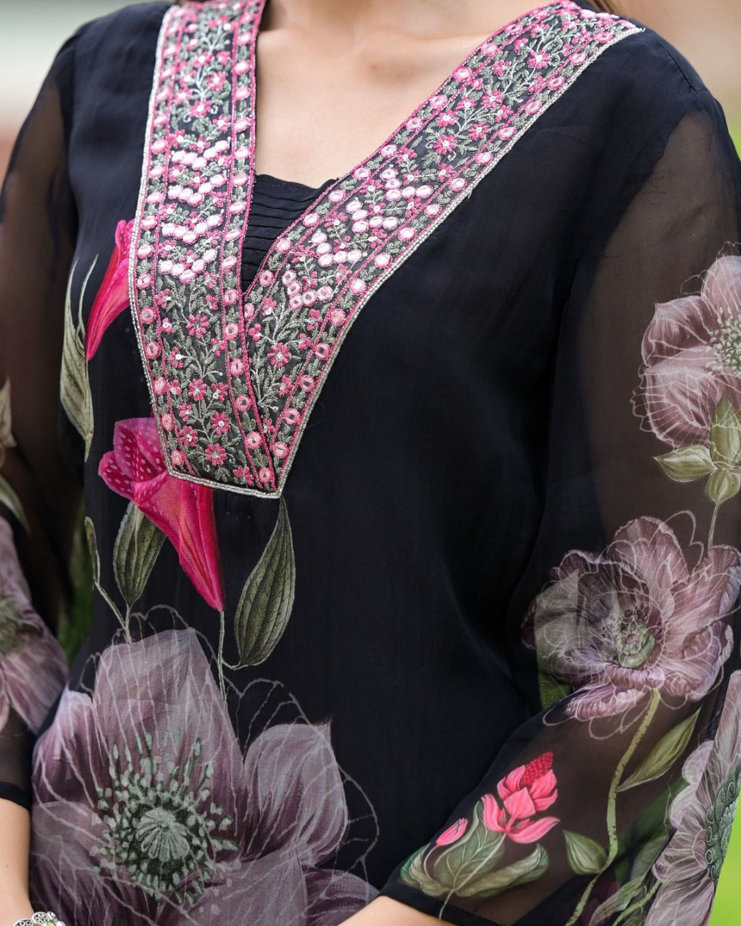 Lorenvalley Black Georgette Printed with Embroidery Work Kurta Set