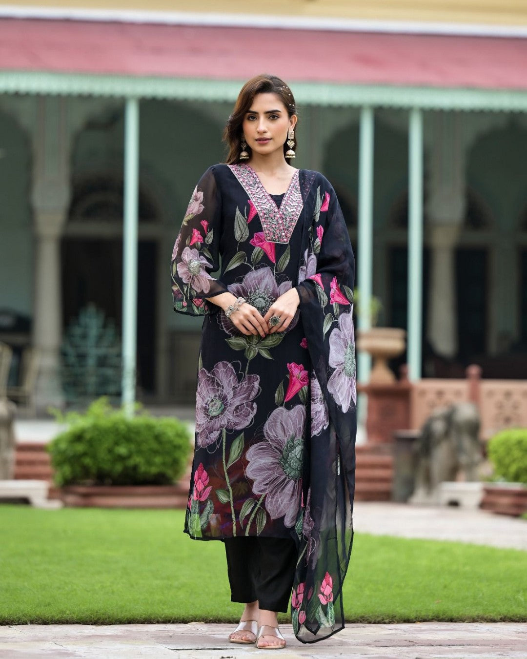 Lorenvalley Black Georgette Printed with Embroidery Work Kurta Set