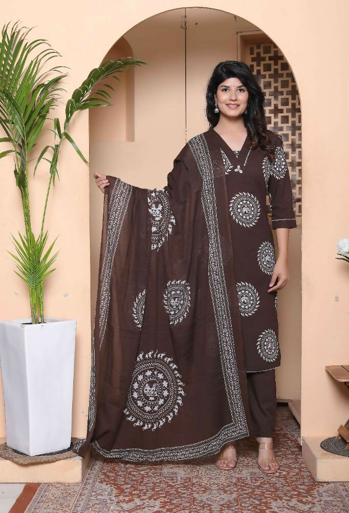 Miravan Womens Animal Print Cotton Brown Stitched Kurta Palazzo With Dupatta Set