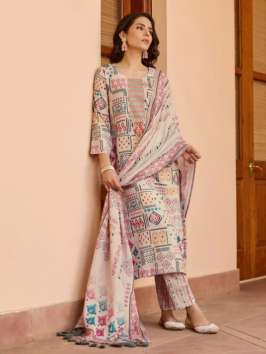 Lorenvalley Cream Cotton Blend Printed Kurta Set | Grab2Buy