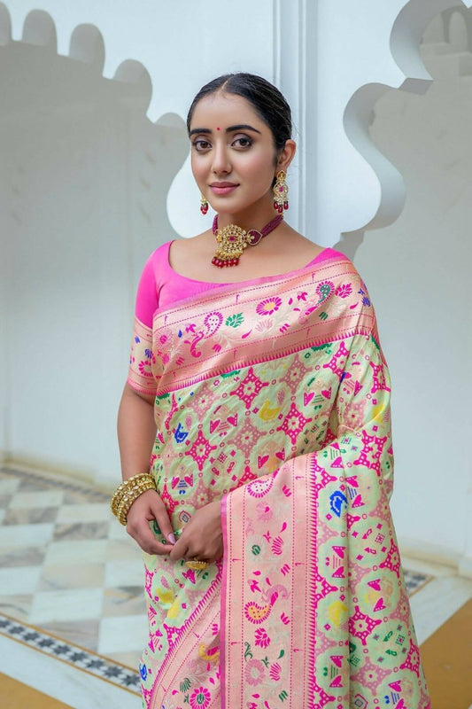 Aastha Fashion Sea Green Woven Paithani Silk Saree with Blouse - Grab2buy