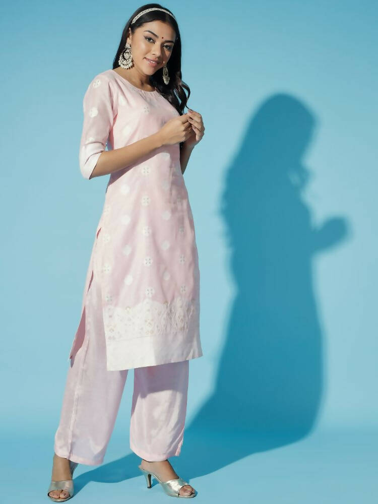 Myshka Women Pink Embroidered Kurta & Trousers With Dupatta