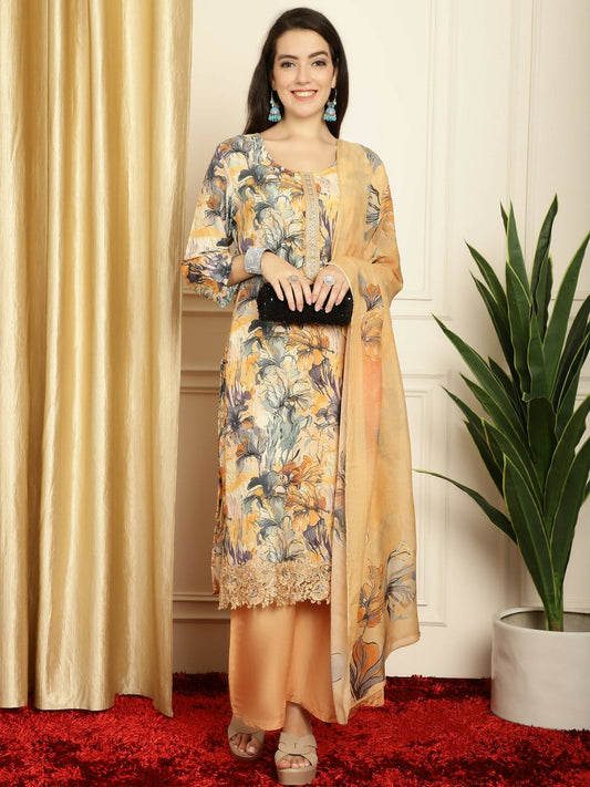 Aastha Fashion Women's Multicolor Muslin Digital Printed with Embroidered Lace work Kurta with Trouser & Dupatta - Grab2buy