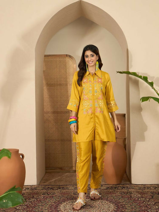Joban Fashion Women Mustard Roman Silk Embroidered Stitched Kurta Set