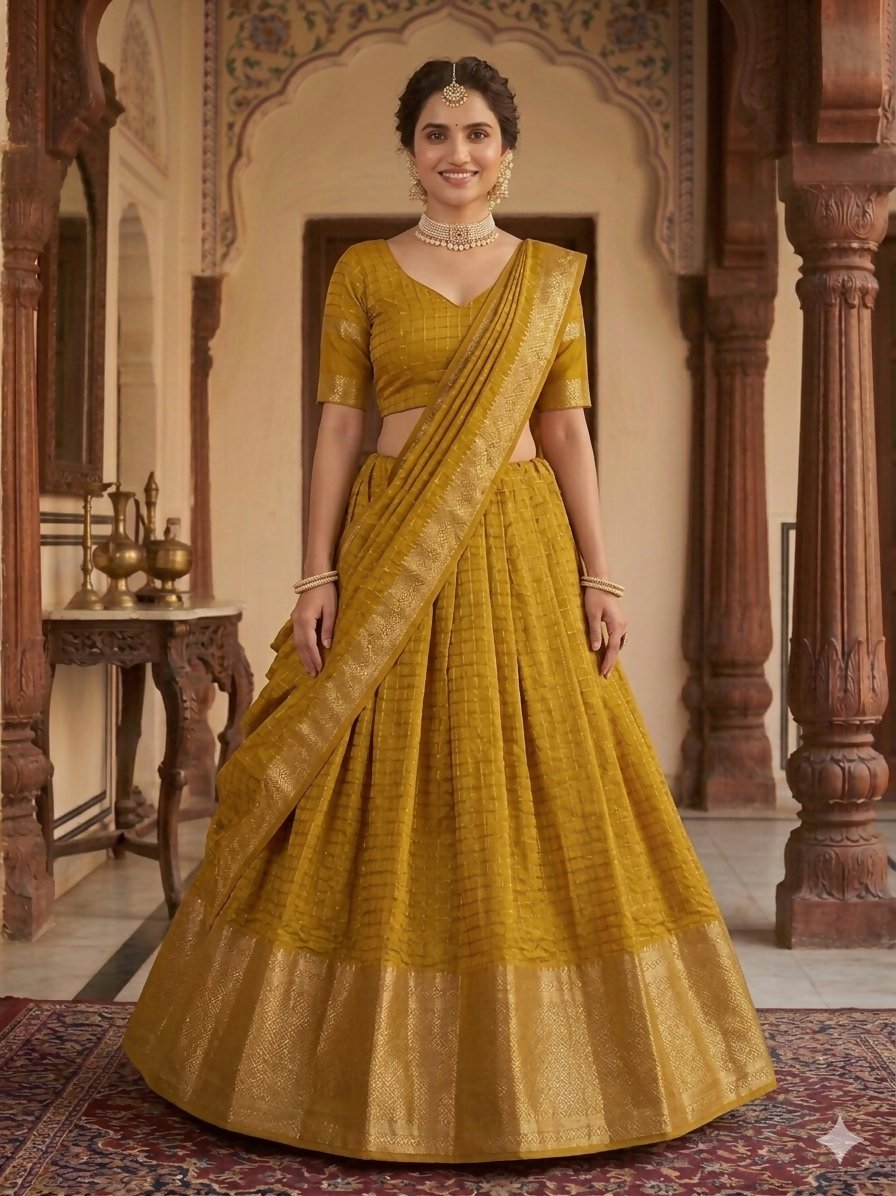 Teeya Creation New South Indian Silk Checked Half Saree Lehenga Choli with Zari Border-Yellow