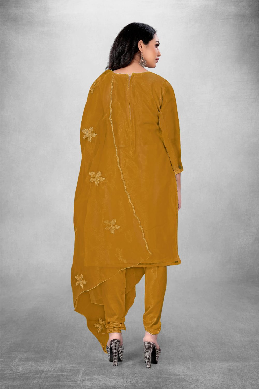 Mustard Heavy Organza Silk Embroidered Unstitched Dress Material - Amara