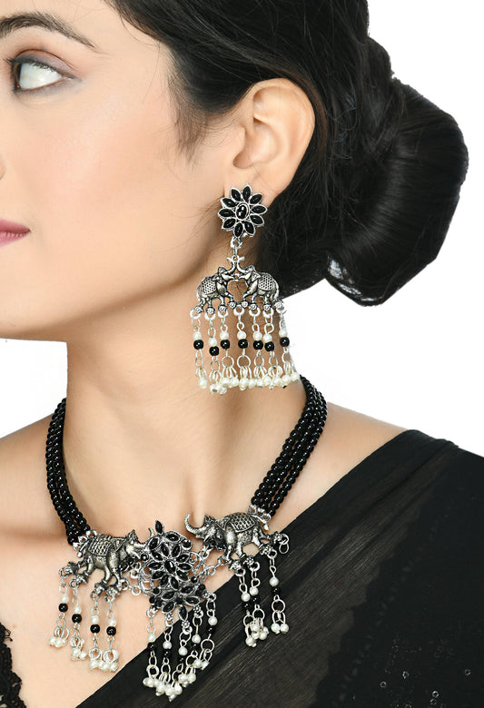 Mominos Fashion Johar Kamal Silver-Plated Brass Finish Elephant Desgin Choker For Women (Black) - Grab2buy