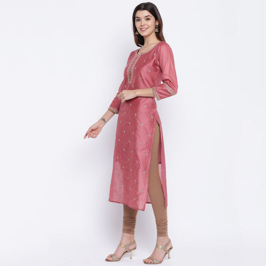 NOZ2TOZ Women's Sequence Work/Hand Work Straight Chanderi Dark Peach Kurta Only