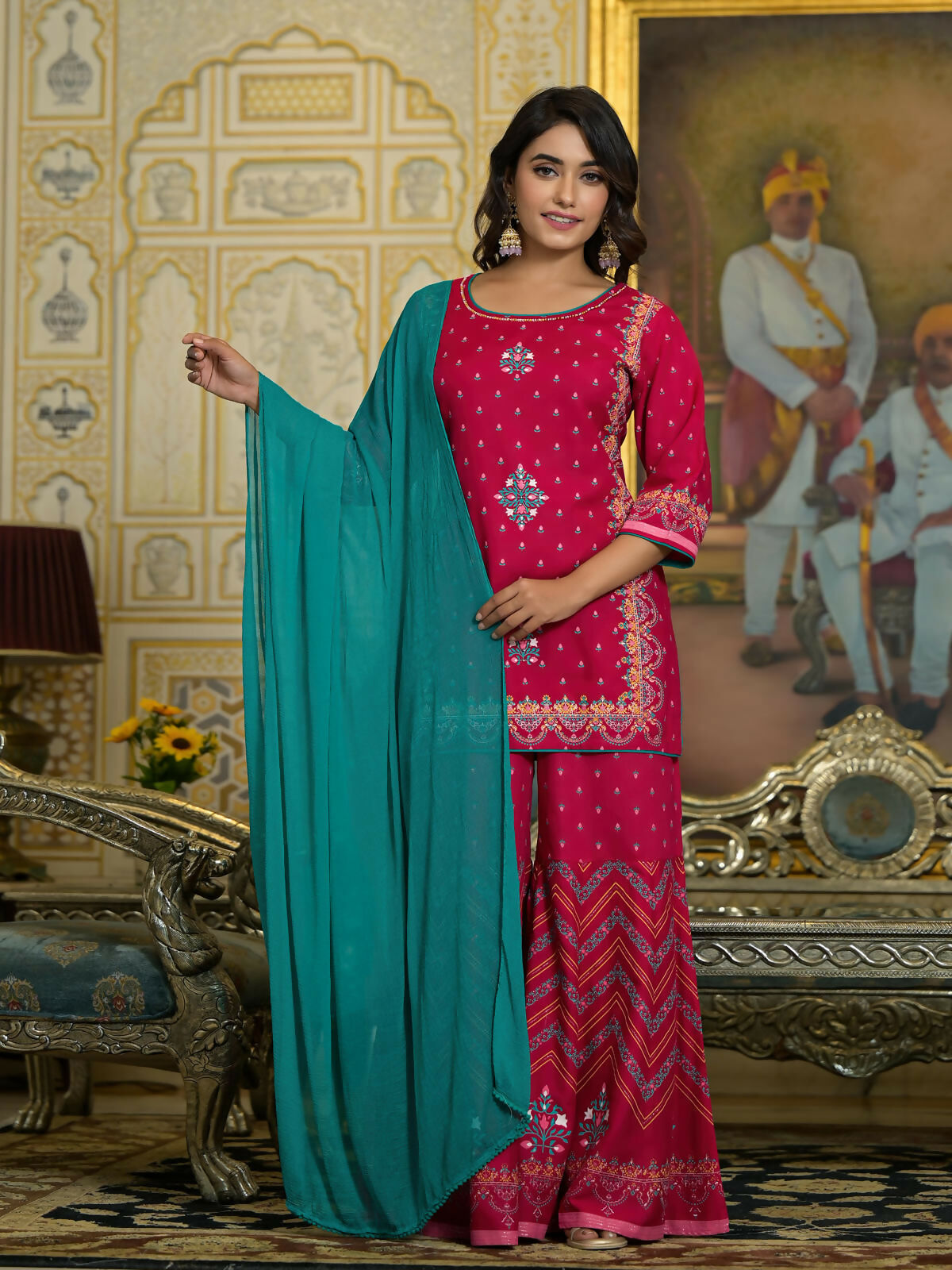 Juniper Women's Fuchsia Ethnic Motif Printed Liva Rayon Tunic Sharara and Dupatta Set With Sequins & Gota Patti Work