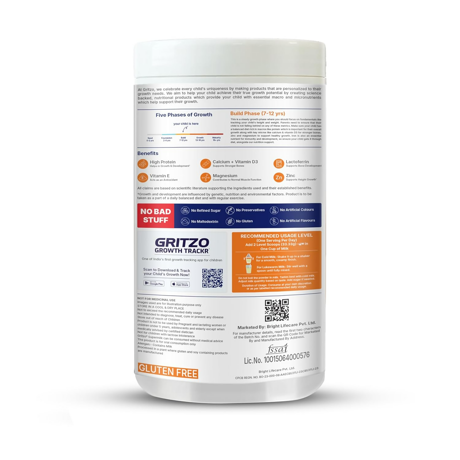 Gritzo SuperMilk Growth+ (Formerly Height+) (7-12y Boys), 10g Protein Powder-Creamy Vanilla