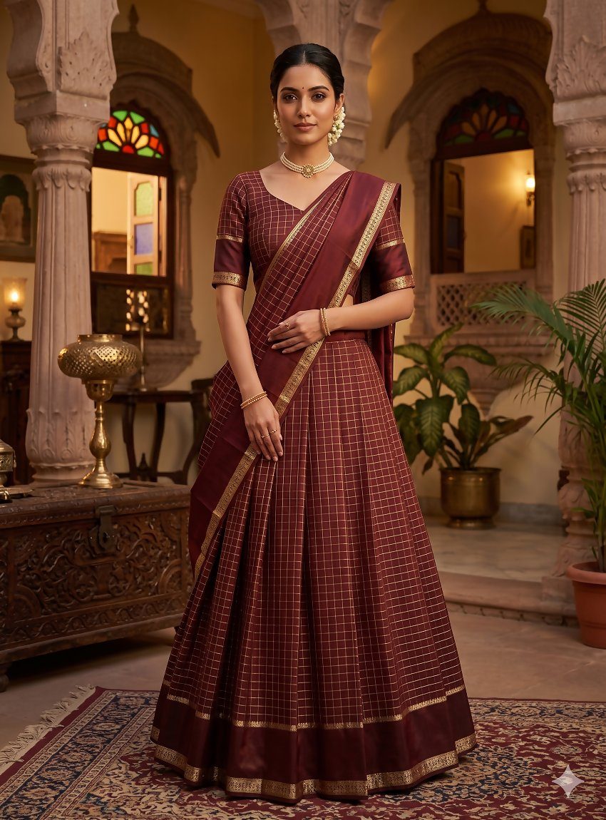 Teeya Creation New South Indian Silk Checked Half Saree Lehenga Choli with Zari Border-Maroon